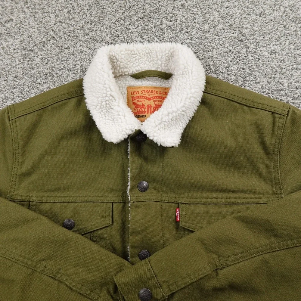 NEW Levis Jacket Mens S Green Canvas Sherpa Lined Trucker Snap Outdoor Work Coat